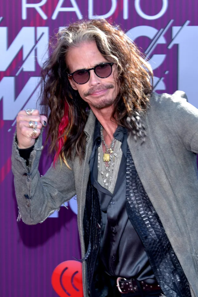 Steven Tyler at a 2019 awards event, wearing tinted glasses, a grey jacket and long wavy hair, with a raised fist.