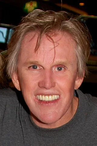 Close photograph of Gary Busey grinning at the camera, with tousled fair hair and a grey t-shirt.