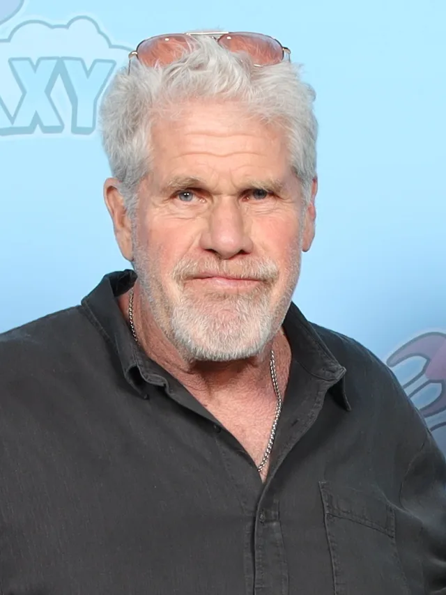 Ron Perlman with grey hair and beard, sunglasses on his head, in a dark shirt against a pale blue backdrop.