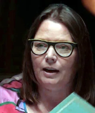 A woman with straight brown hair and black-framed glasses speaking while holding a green book, in a dark room.