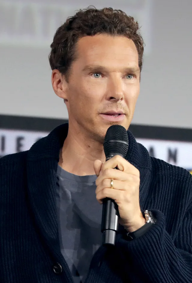 Colour photograph of a man with short curly brown hair speaking into a microphone at a panel, wearing a dark knitted cardigan over a grey shirt.