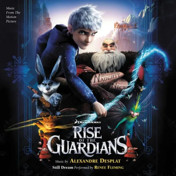 Album cover on a deep blue ground showing a group of animated heroes, including a white-haired young man with a glowing staff, a bearded man with tattooed arms and a large rabbit, above the film title and composer credit.