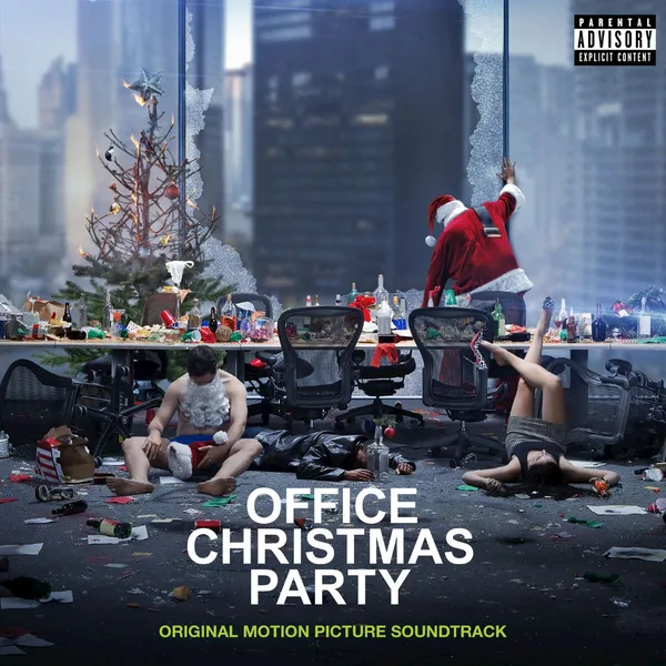 Album cover showing a wrecked office after a party, with a half-decorated tree, scattered bottles and people sprawled on the floor, a figure in a red Santa suit pressed against a window above a city skyline, and the title in white capitals.