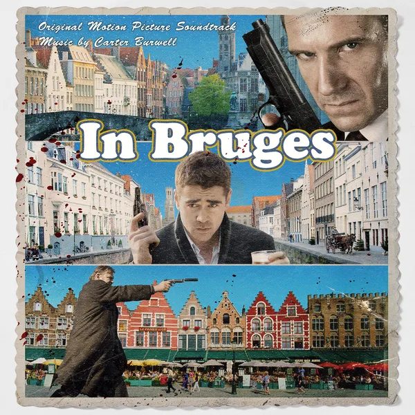 Album cover with a collage of three men holding guns against a medieval town square with gabled brick houses, and the film's title in white script across the middle.