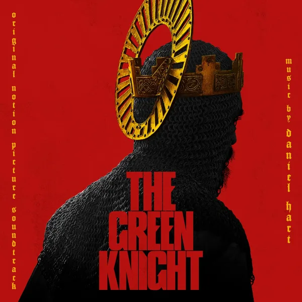 Square album cover with a bright red background and a dark chainmail-hooded silhouette in profile wearing a gold crown with a halo ring, title and composer credit in gold lettering.