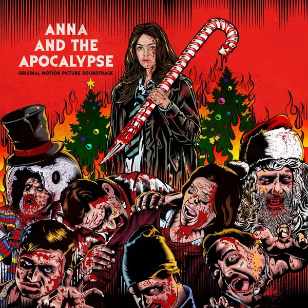 Illustrated album cover on a blood-red background: a young woman in a dark jacket holds a candy cane like a club above a snarling crowd of zombies in festive hats, with Christmas trees behind.