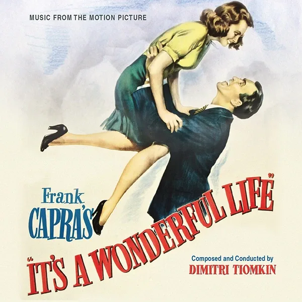 Album cover in the style of a vintage illustrated film poster: a woman in a yellow top is lifted by a man in a dark suit against a cloudy sky, with the composer's name in red and blue lettering.