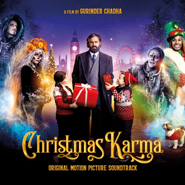 Soundtrack cover showing a man in a long coat holding a red gift box among children and costumed figures, with a glowing London skyline and a Ferris wheel behind them.
