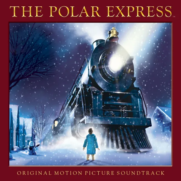 Album cover showing a steam locomotive with a bright headlamp in a snowy night street, a small child in a dressing gown standing in front of it, on a deep red border.