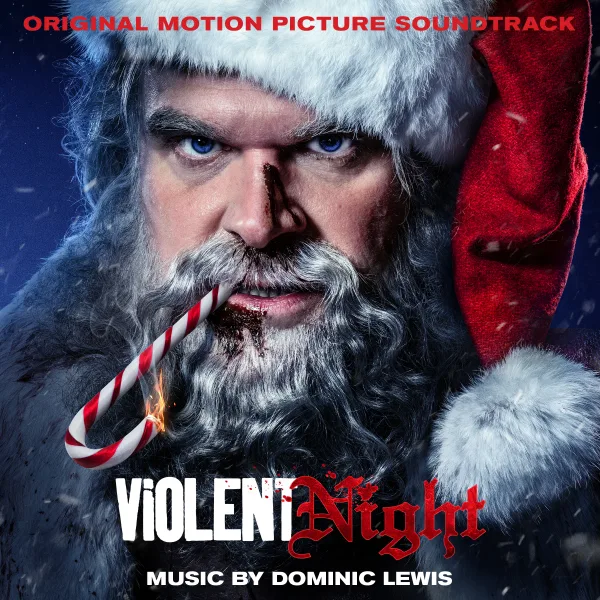 Album cover: a close, bloodied face in a Santa hat and grey beard with a burning candy cane in its teeth, snow falling, with the film title in white and red lettering below.