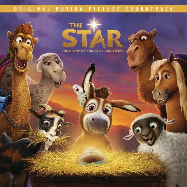Album cover with a gold title banner, showing cartoon camels, a donkey, a horse, a sheep, a goat and a dove gathered around a glowing manger under a purple and orange sky.