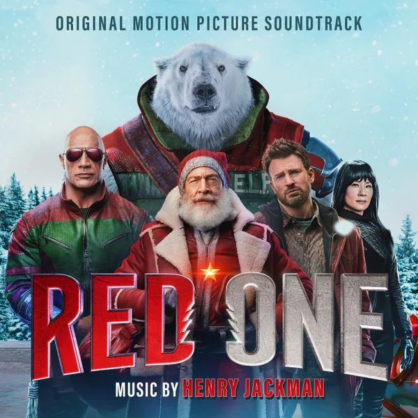 Album cover with a giant polar bear in a green and red jacket looming over four figures in winter gear, including a white-bearded man in a red hat, against a snowy blue sky, with the title in large red and silver letters.
