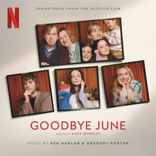Album cover with five instant-photo style portraits of smiling adults and children against a red curtain, the title in red below on a cream background.