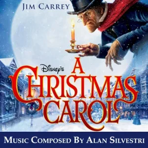Album cover showing a stooped animated old man in a top hat holding a lit candle over a snowy Victorian street under a full moon, with the film title in red lettering below.