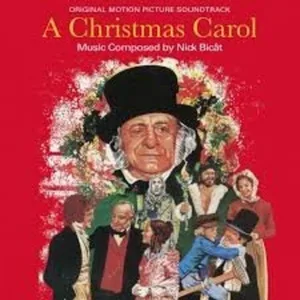 Red album cover with an illustrated older man in a top hat and cravat, ringed by a holly wreath, above a group of costumed Victorian figures, with the composer's credit in white lettering.