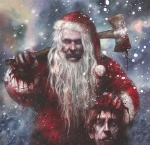 Painted album cover of a bearded figure in a red suit holding an axe against a snowy night sky, with a bloodied head at the bottom edge.