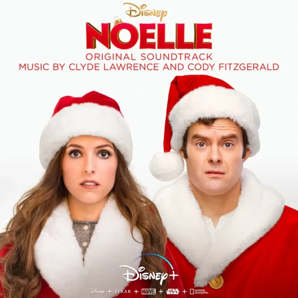 White album cover with a woman and a man in red Santa hats and fur-trimmed red coats looking worried, over the title and the Disney Plus logo.