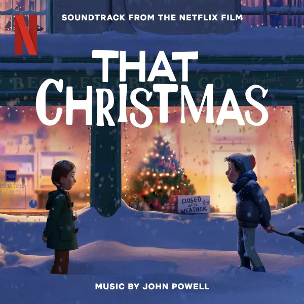 Album cover showing two animated children in winter coats facing each other in deep snow outside a shop window with a lit Christmas tree.