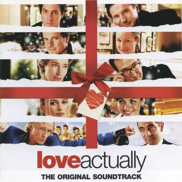 Album cover with a grid of smiling portrait photographs tucked behind torn white paper strips, tied with a red ribbon and a heart gift tag, with the film title below.