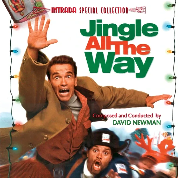 Score album cover with a special collection banner, green and red title lettering, a wide-eyed man in a brown coat lunging forward and a startled postal worker below, framed by festive lights.