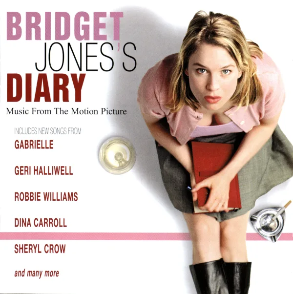 Album cover photographed from above: a young woman in a pink cardigan and grey skirt clutching a red notebook, beside a wine glass and an ashtray, with the title and a list of featured artists on white.