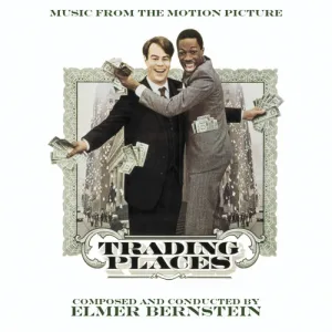 Album cover with two smiling men in suits surrounded by falling banknotes inside a green banknote-style frame, with the title and composer credit in dark lettering on white.