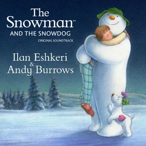Illustrated album cover of a snowman in a green hat hugging a child in pyjamas, with a small snow puppy at its side, on a snowy blue night with pine trees.