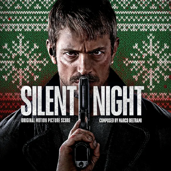 Album cover showing a bearded man holding a pistol upright in front of his face, against a green knitted Christmas jumper pattern with snowflakes and red stains.
