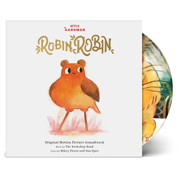 Sleeve on a pale background showing a small round orange bird with thin legs and mouse-like ears, a gold hand-lettered title above it and a picture disc peeking out at the side.