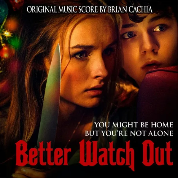 Album cover in dark red and green tones: a young woman holding a large knife close to her face, a boy peering over her shoulder, Christmas lights behind them, with red lettering across the bottom.