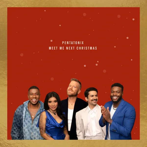 Square red cover with falling snow and a gold border, showing five smiling singers in blue and white outfits standing along the bottom edge.