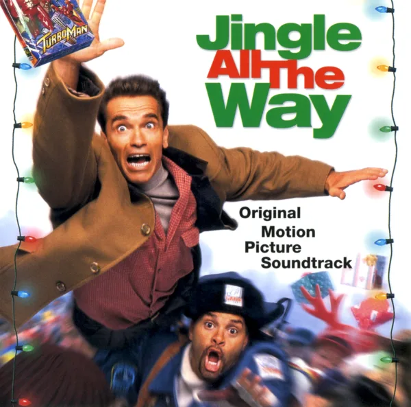 Soundtrack cover with green and red title lettering, a wide-eyed man in a brown coat lunging with an outstretched hand, a startled postal worker below him, and a string of festive lights.