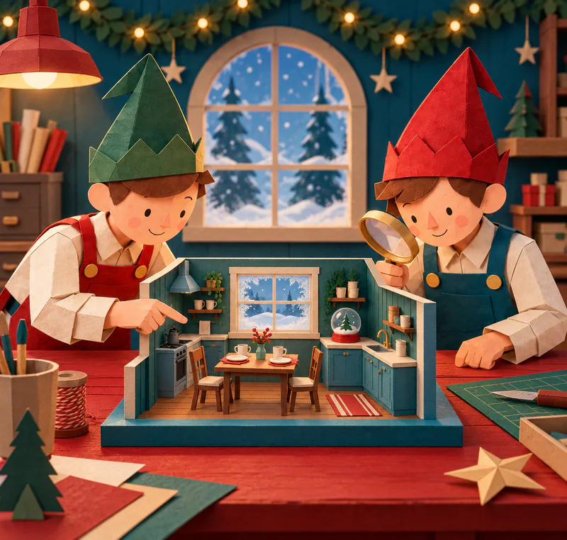 Two paper elves inspect a miniature teal kitchen with a table set for two, a snow globe and a frosted window on their workbench.