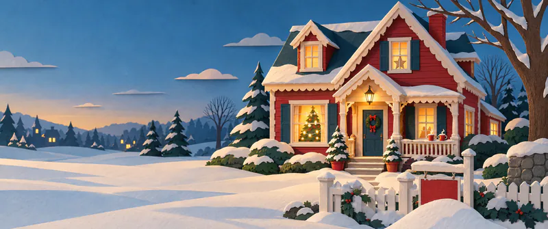 A red paper house with scalloped cream trim glows at snowy dusk, with a Christmas tree, two porch mugs and a blank red sign half-buried by the gate.