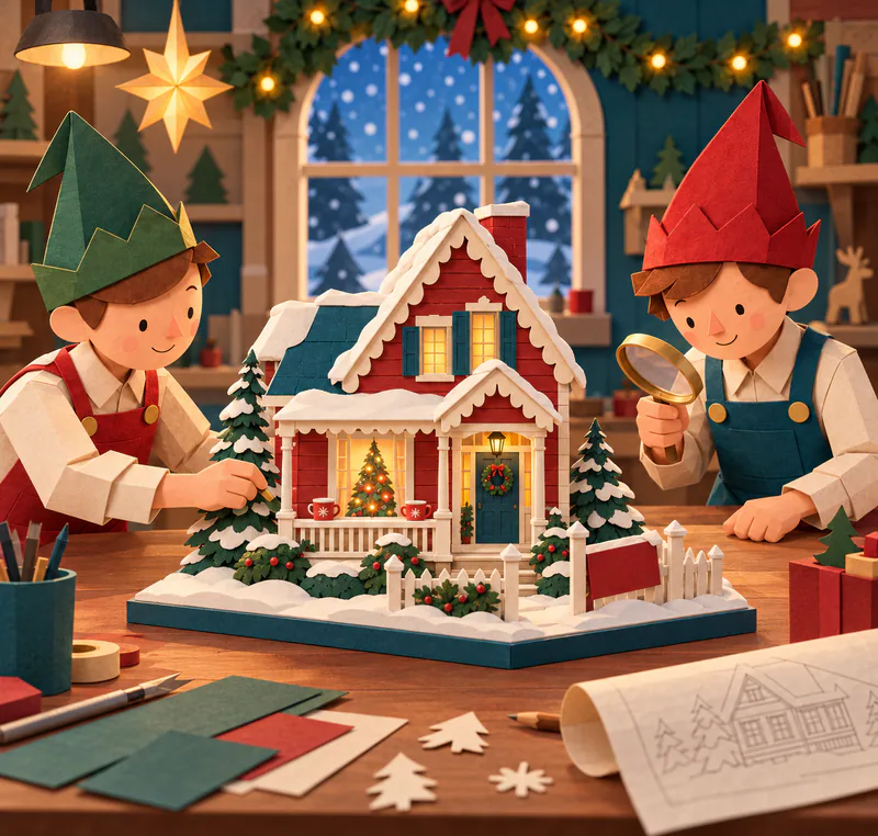 Two paper elves inspect a miniature snowy red house with scalloped cream trim, a glowing tree, two porch mugs and a blank red sign beside its gate.