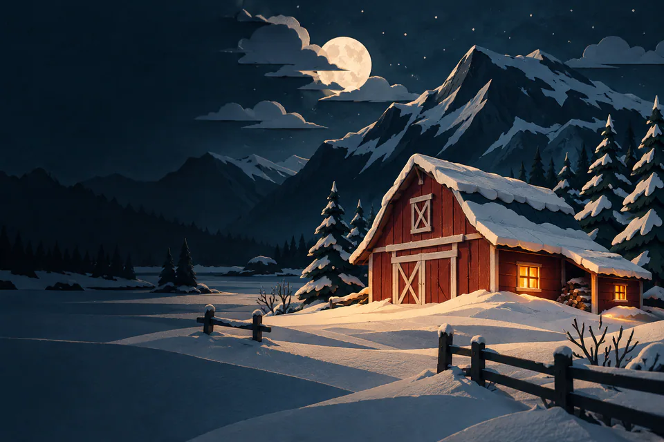 A small red paper barn sits half buried in snow beneath dark mountains, with amber side windows, fir trees and a partly hidden moon.