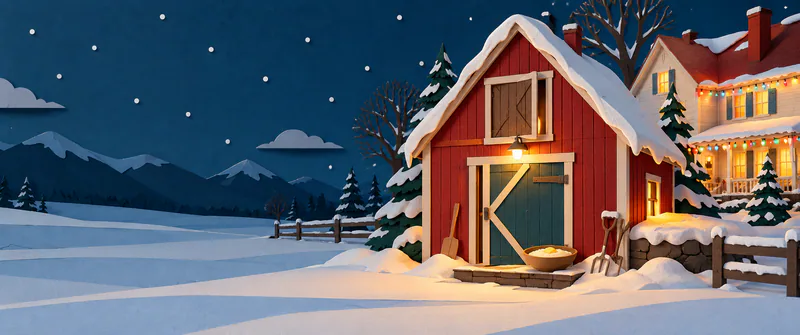 A red barn with teal doors stands in deep snow beside a farmhouse with colourful lights. A bowl of porridge and tools sit by the step, with dark mountains beyond.