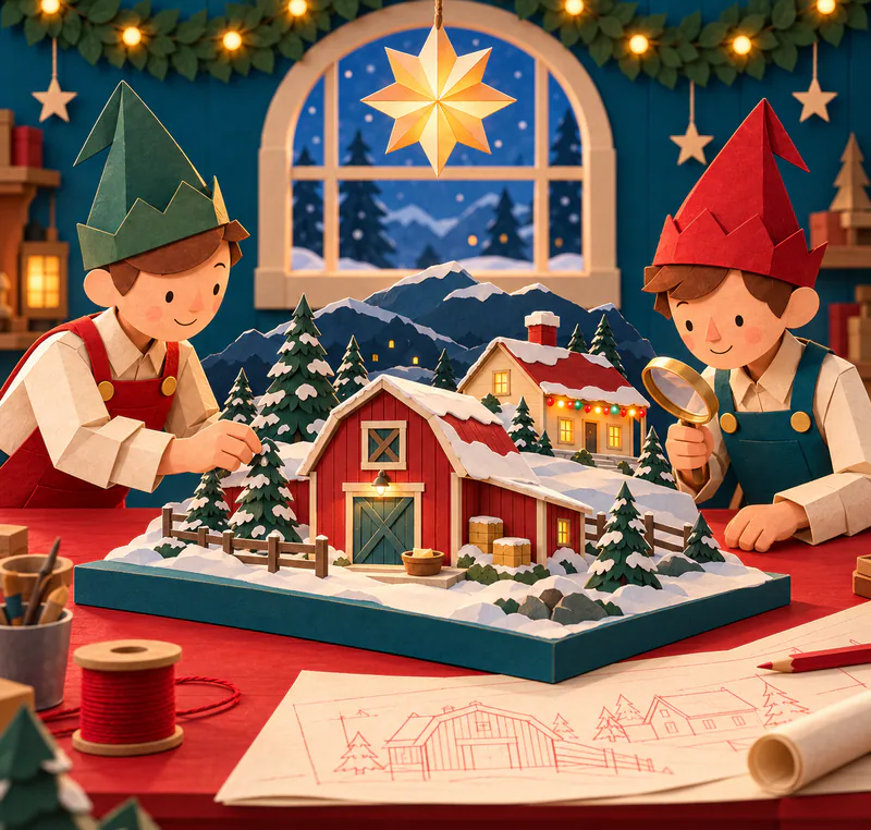 Two paper elves examine a snowy barn model with a bowl on its step, surrounded by fir trees, mountains and a farmhouse with colourful lights.