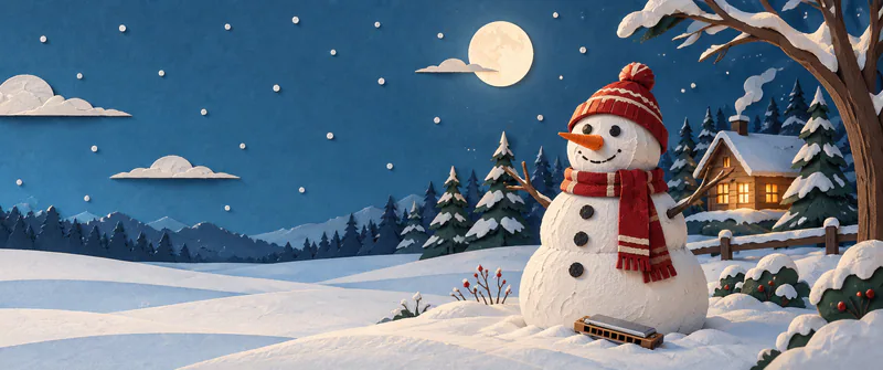 A snowman in a red hat and striped scarf stands beside a harmonica under the moon. A cabin glows among snowy pines to the right of open snowdrifts.