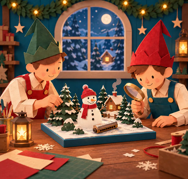 Two elves study a miniature snowman, harmonica and snowy cabin on a blue display base. A magnifying glass, paper scraps and lanterns fill the workshop bench.