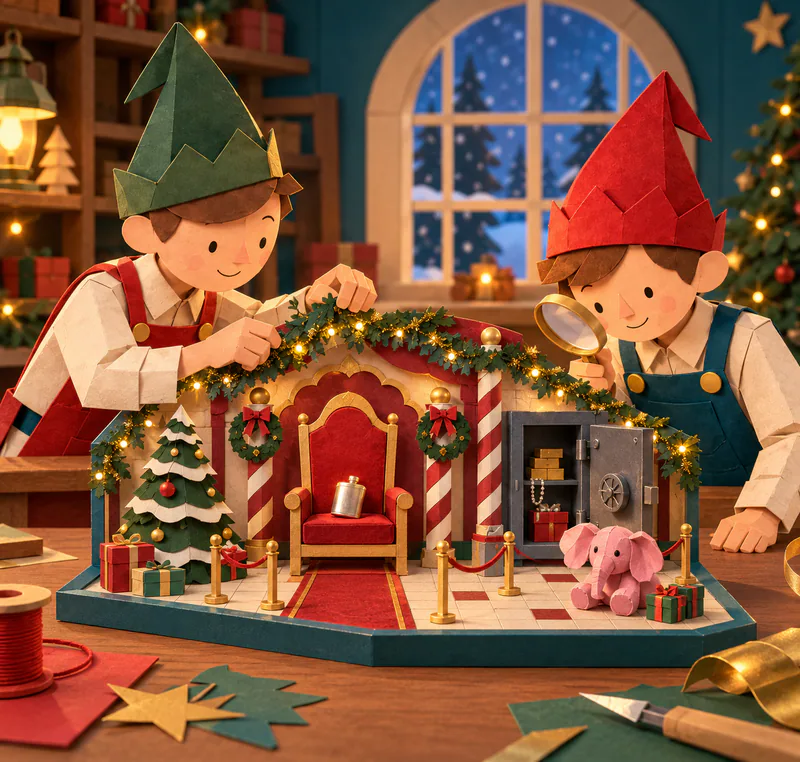 Two elves examine a miniature grotto with a flask on a red throne, an open safe and a pink elephant. Tiny lights illuminate the garland above the tiled model floor.