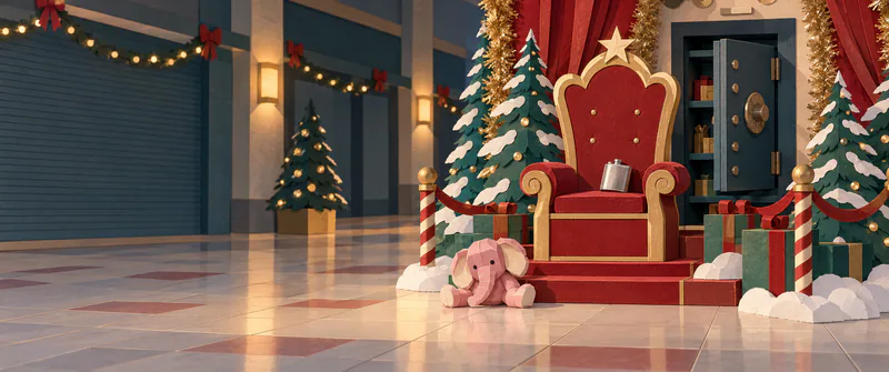 An empty red and gold throne holds a silver flask in a closed shopping centre grotto. An open safe stands behind it, and a pink toy elephant sits on the tiles.