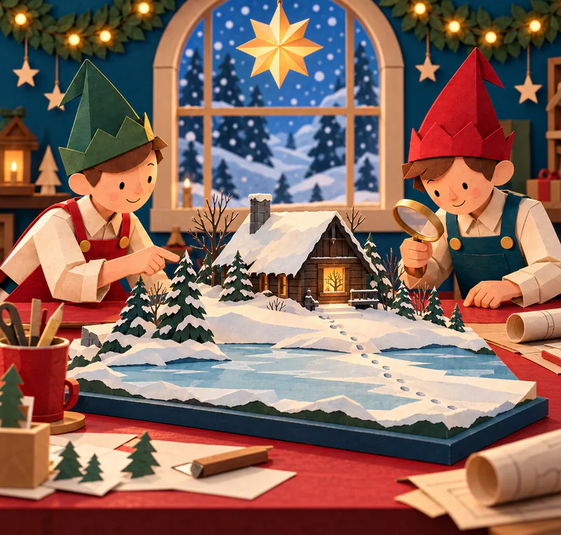 Two paper elves examine a miniature snowy lodge and frozen lake on a red workbench, with footprints leading from its illuminated window.