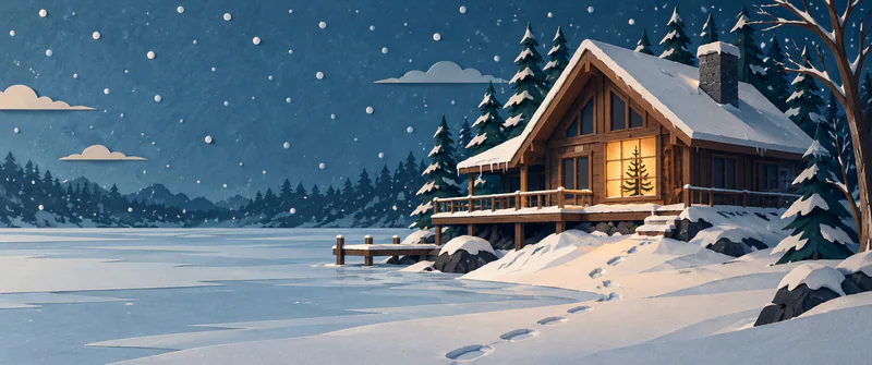 A snowbound paper lodge overlooks a frozen lake, with a bare tree silhouetted in one glowing window and footprints crossing the drifts.