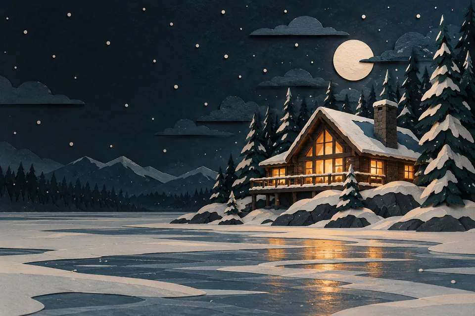 An isolated paper timber lodge glows beside a frozen lake, surrounded by snow-covered firs beneath a pale moon and falling snow.