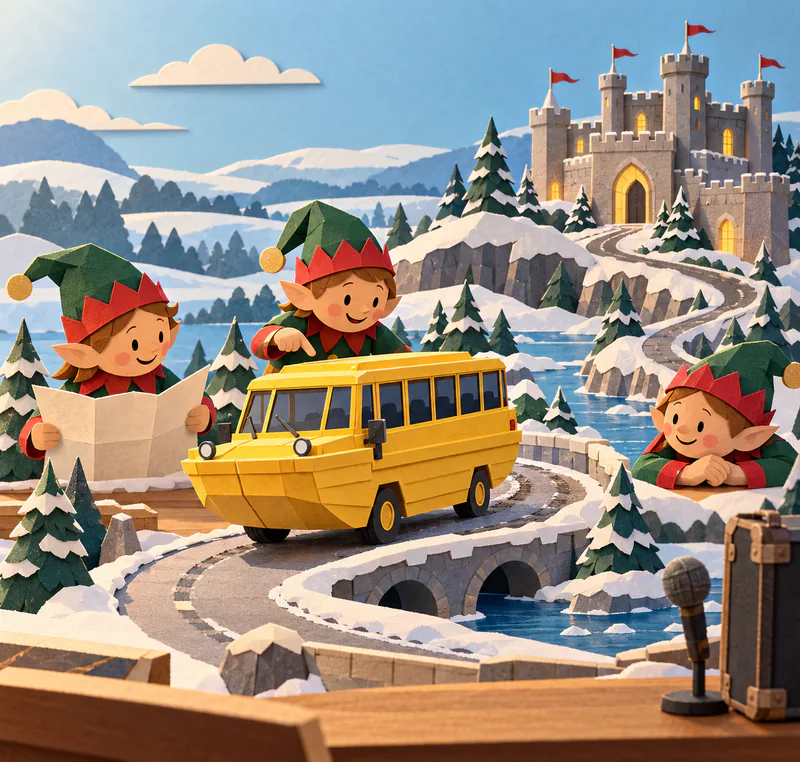 Three paper elves study a yellow miniature boat-bus on a winding snowy route to a castle, with a blank map, microphone and suitcase beside the model.