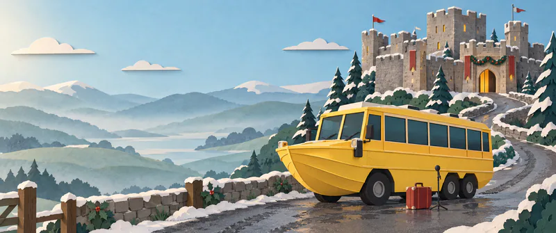 A yellow paper boat-bus stands beside a red suitcase and microphone on a snowy road winding up to a castle above misty hills.