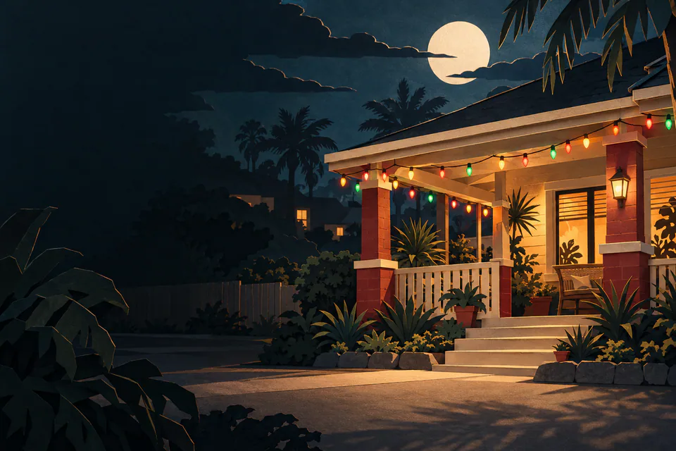 Coloured Christmas lights hang across an empty paper veranda, with amber windows, leafy plants and palm silhouettes beneath a summer moon.