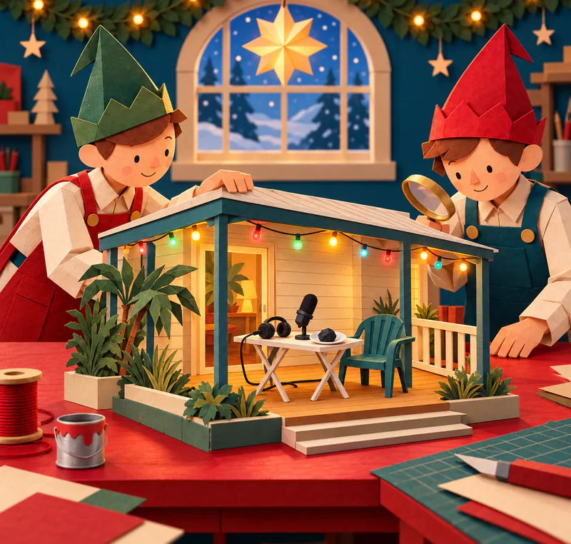 Two paper elves inspect a veranda model with coloured lights, a teal chair and a folding table holding a microphone, headphones and a lump of coal on a white plate.