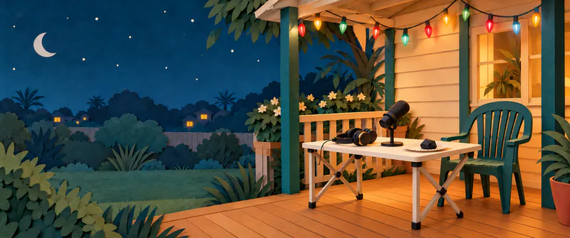 A microphone, headphones and coal on a paper plate sit on a folding table beneath coloured veranda lights, beside an empty green chair and a moonlit garden.